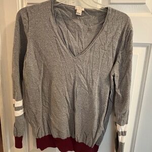 J. Crew Grey & White & Burgundy VNeck Sweater Size L